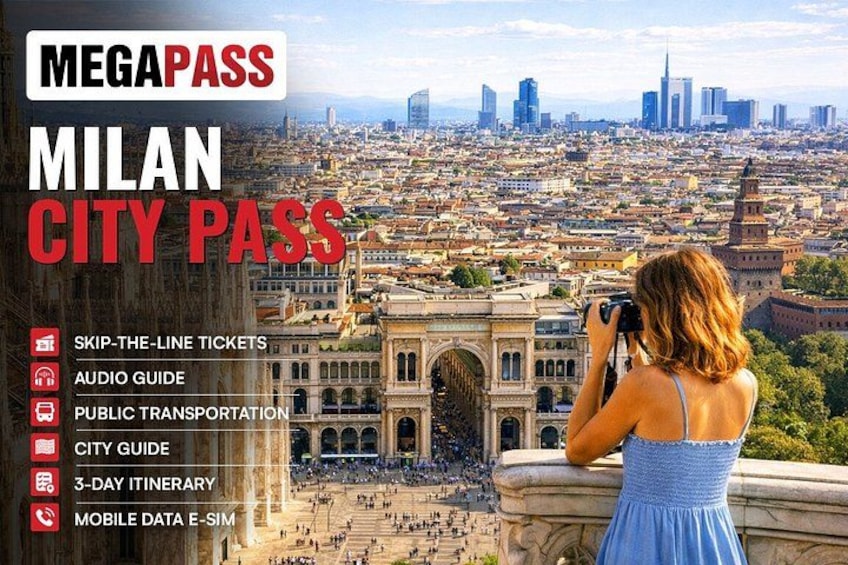 A panoramic view of Milan city with a woman taking a photo. 1