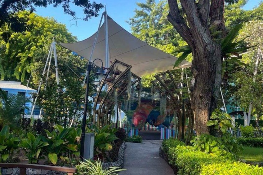 A pathway lined with trees and a large canopy structure. 2