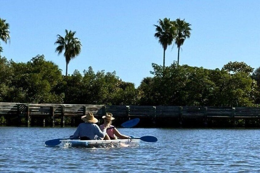 Two people kayaking on calm water with palm trees and a wooden dock in the background. 3