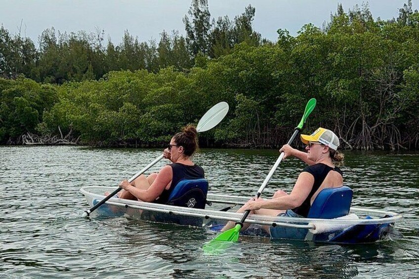 Two people paddling in a small boat on a body of water surrounded by dense greenery. 4