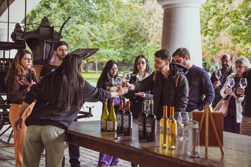A group of people at an outdoor event, standing around a table with bottles and glasses. 5