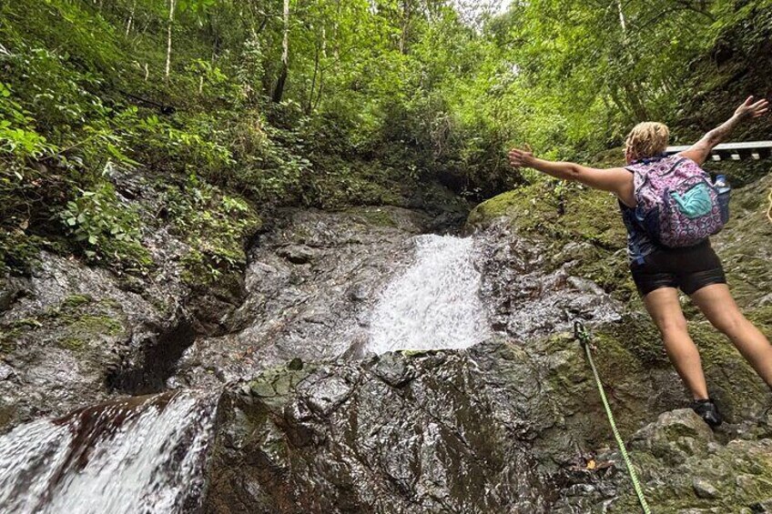 A person standing on a rock with arms outstretched, overlooking a waterfall in a forested area. 4
