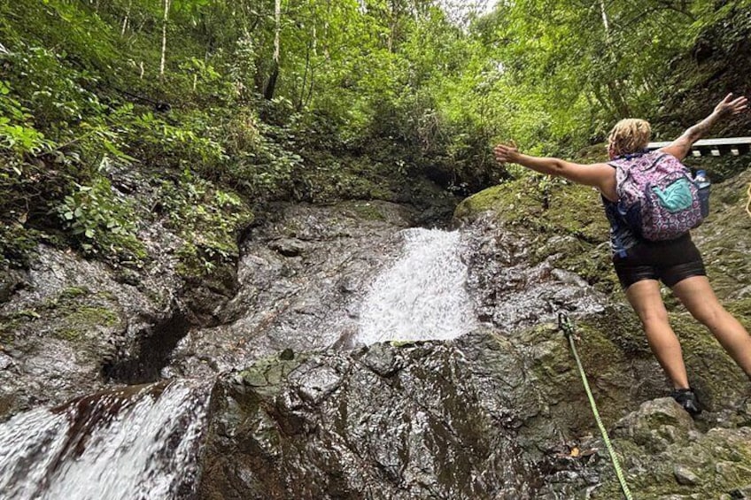 A person hiking near a waterfall in a forested area. 4