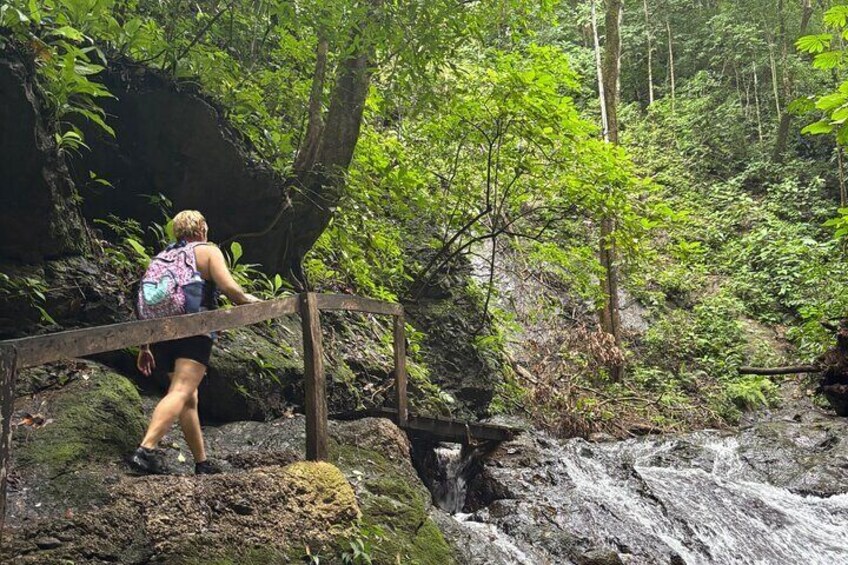 A person hiking on a wooden bridge over a small waterfall in a forested area. 3