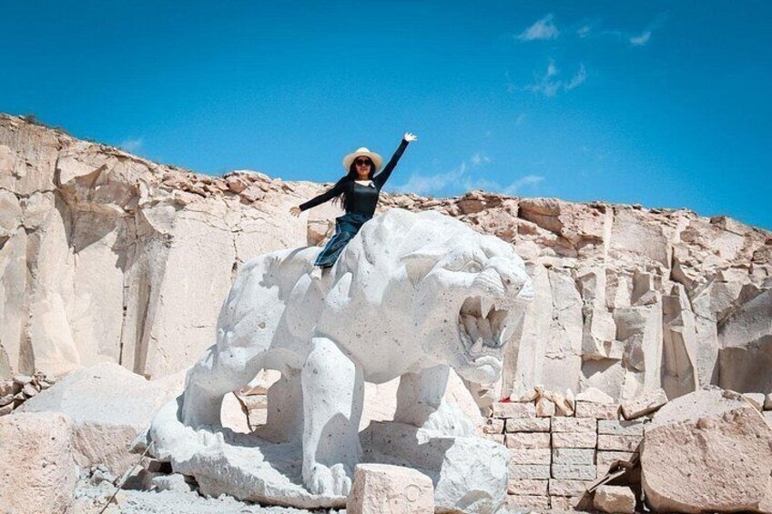 A person standing on a white rock formation with a carved animal figure. 1