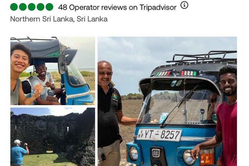 A blue vehicle with a license plate, people around it, and a landscape with a rocky area. 1