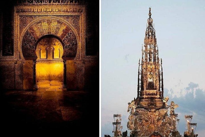 An ornate archway and a tall, intricately decorated tower. 5