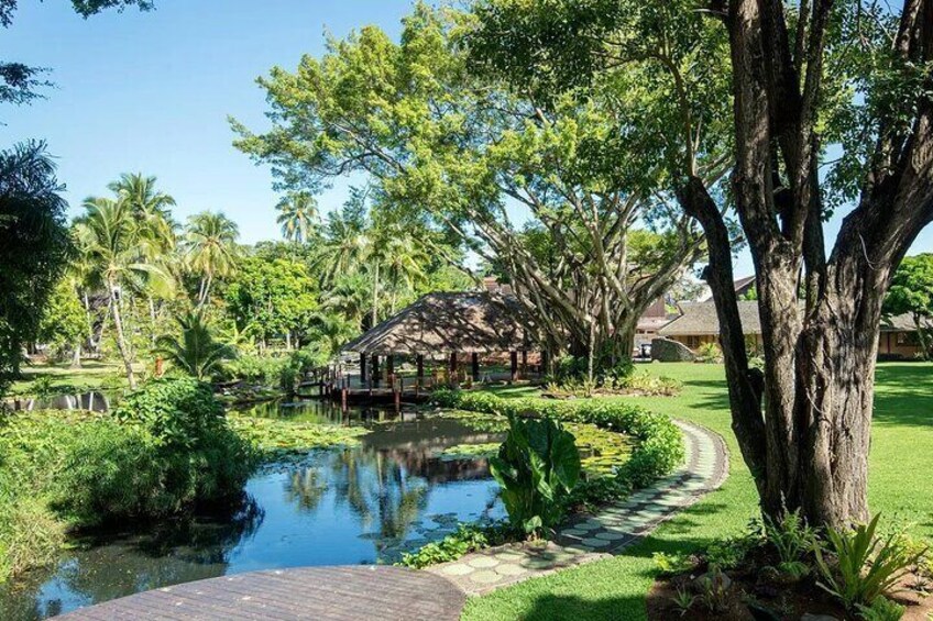 A pond, a wooden gazebo, and lush greenery. 4