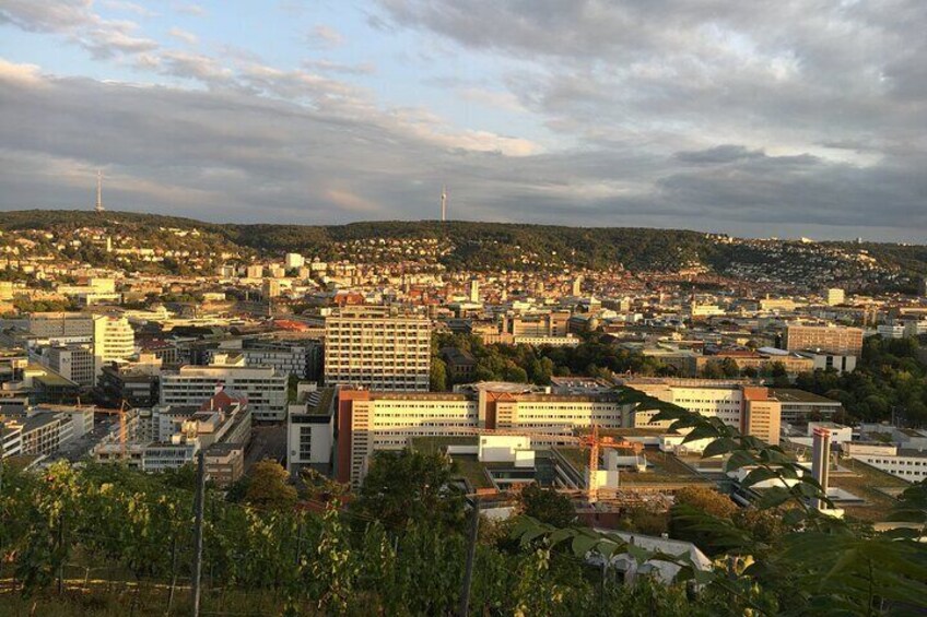 A cityscape with buildings, a river, and a distant hill. 5