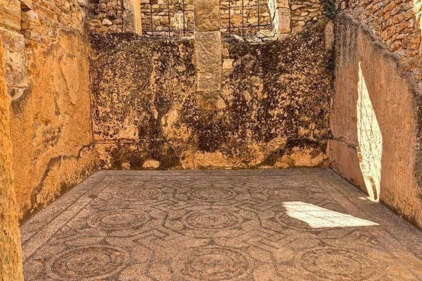 An ancient stone structure with circular patterns on the floor and a stone wall with vegetation growth. 3