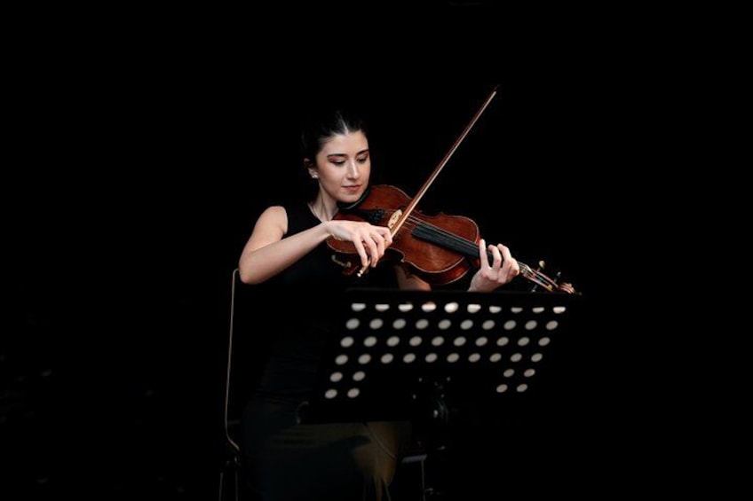 A person playing a violin on stage with a music stand. 2