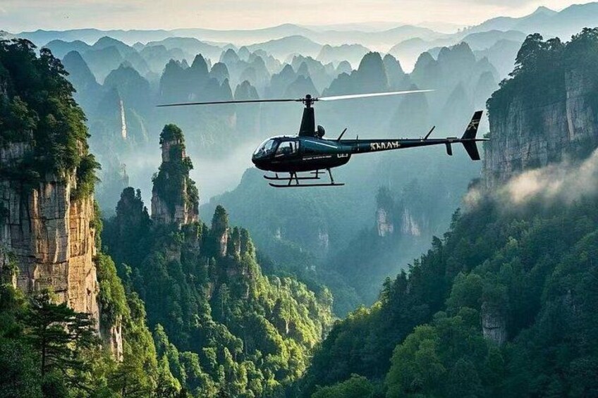 A helicopter flying over a mountainous landscape with dense forests and towering cliffs. 1