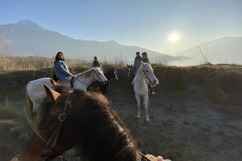 En person som rider på en häst på en grusväg med berg i bakgrunden. 5