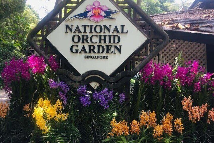 Un panneau indiquant l'entrée du jardin national des orchidées de Singapour, entouré de fleurs aux couleurs vives. 4