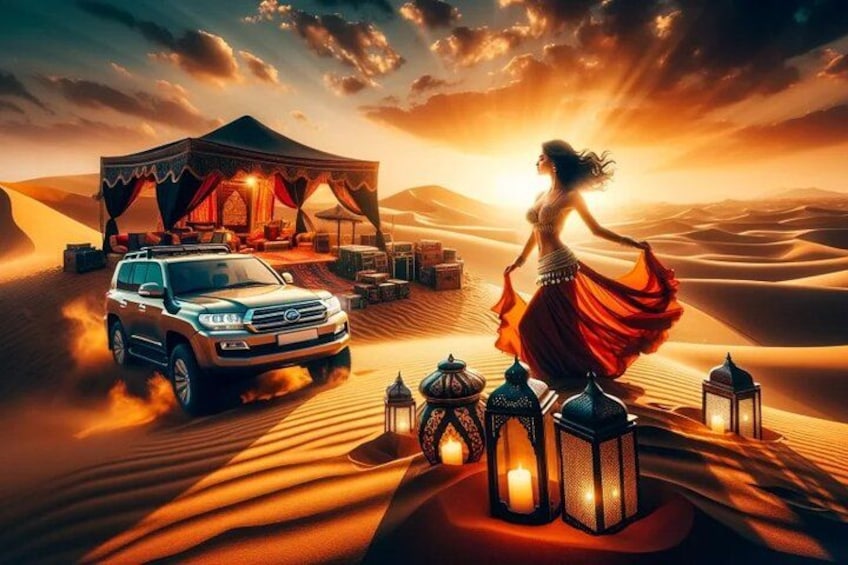 A desert scene with a tent, a car, and a woman in a flowing dress. 2