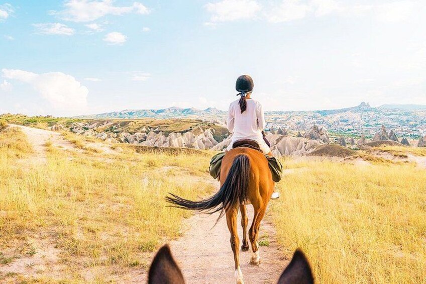 A person riding a horse on a dirt path with a mountainous landscape in the background. 3