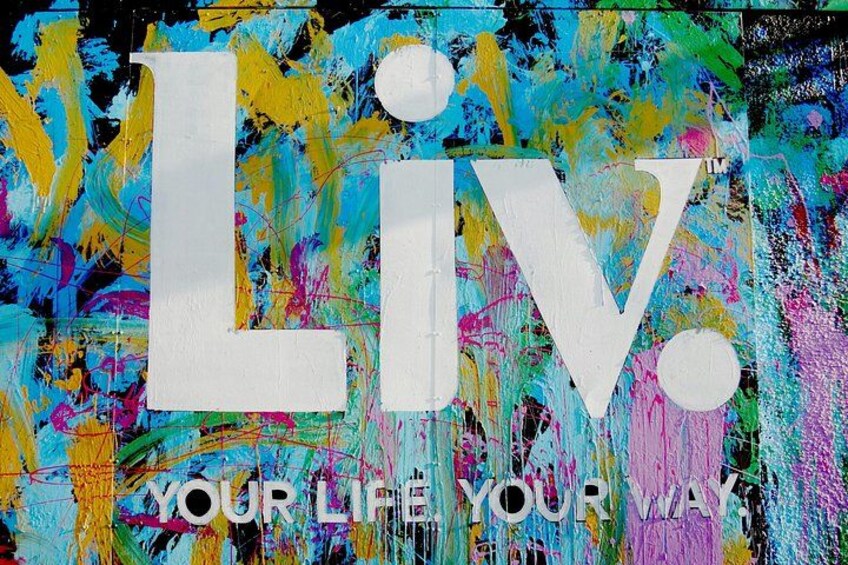 A colorful abstract background with large white letters spelling 'LIV' and the phrase 'YOUR LIFE YOUR WAY' below. 4