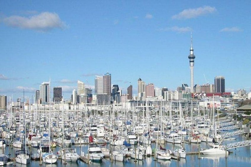 A marina filled with boats, a city skyline with modern buildings, and a prominent tower. 2