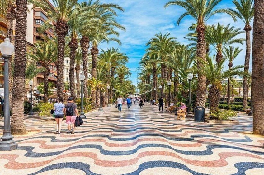 A promenade lined with palm trees and patterned pavement. 1