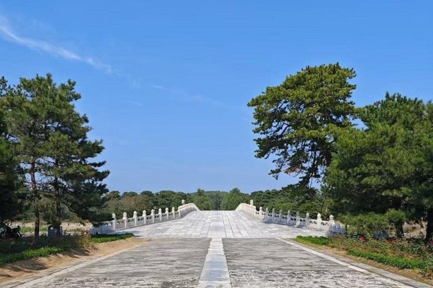 A long bridge with white railings, surrounded by trees and greenery. 5