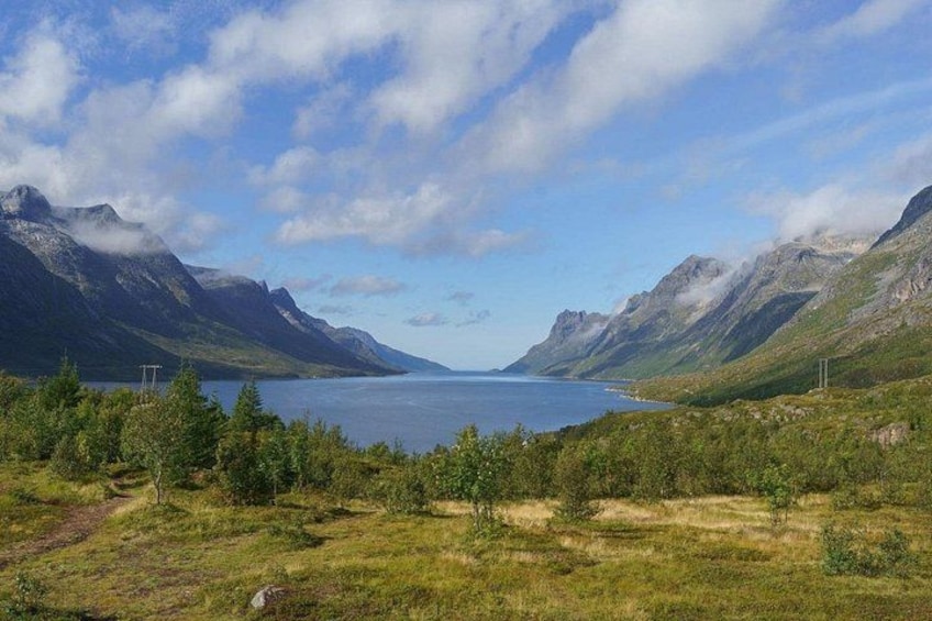 A lake surrounded by mountains, a clear sky, and a grassy foreground. 1