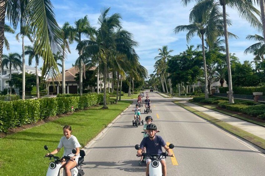 A street lined with palm trees and houses, with people riding scooters. 4