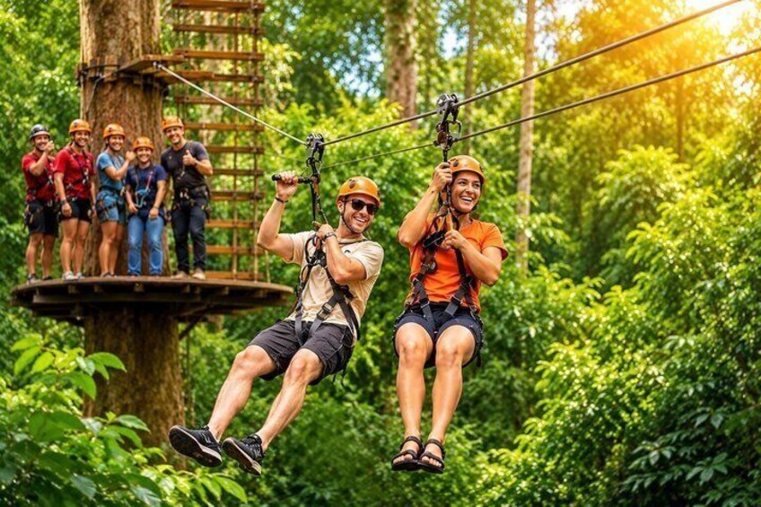 People zip-lining through a forest. 2