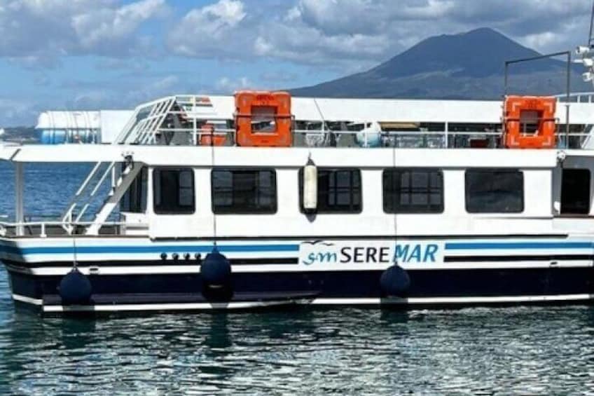 A ferry named 'SERE MAR' with lifeboats and a mountainous background. 3