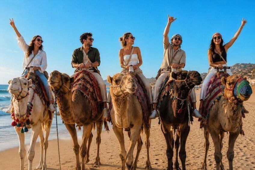 Five people riding camels on a beach with the ocean in the background. 4
