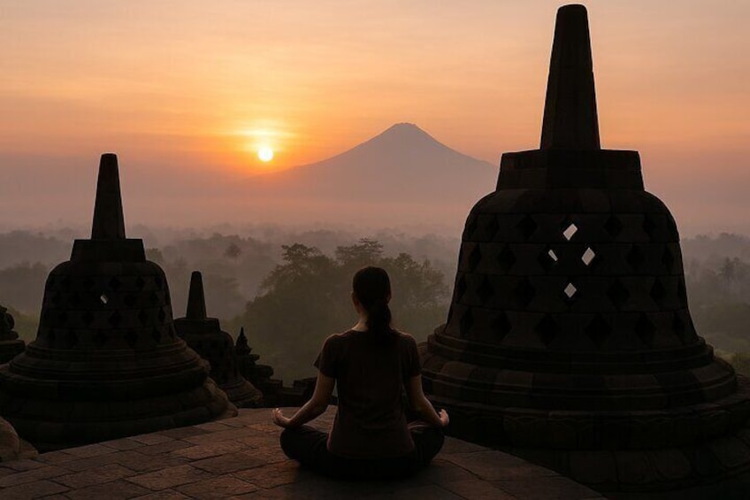 A person meditating on a stone platform with a mountain and temple in the background during sunset. 5