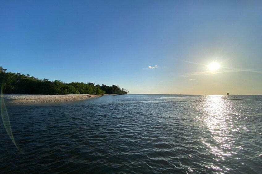 A calm body of water reflecting sunlight, a sandy beach, and a line of trees under a clear sky. 3