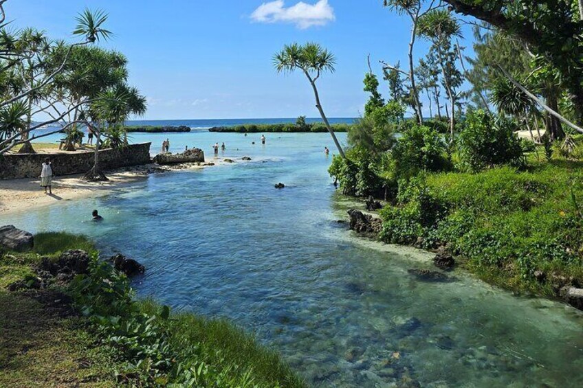 A clear tropical stream with people swimming and walking along the shore, surrounded by lush greenery and palm trees. 1