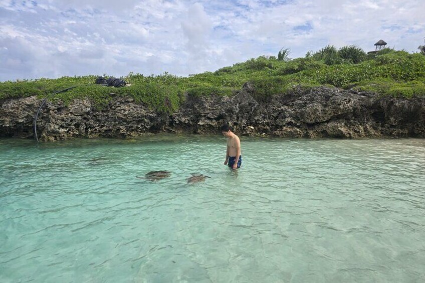 A person wading in shallow, clear turquoise water near a rocky shoreline with lush greenery. 3