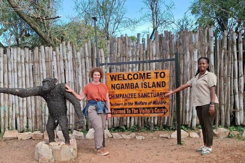 A sign welcoming visitors to Ngamba Island Chimpanzee Sanctuary. 2