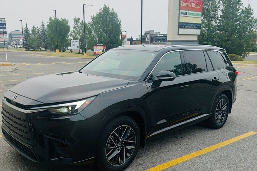 A black SUV parked in a lot with a David's Bridal sign in the background. 5