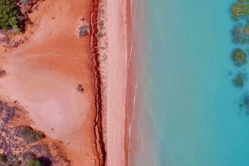 A beach with a distinct color gradient from red to blue, surrounded by sparse vegetation. 4