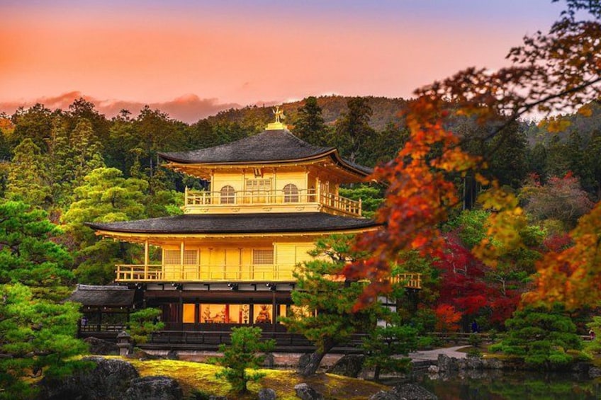 En traditionel japansk bygning med et flerstået tag, omgivet af frodig vegetation og en skovklædt baggrund. 4