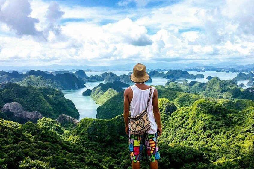 A person standing on a hill overlooking a lush green landscape with a river and distant islands. 1