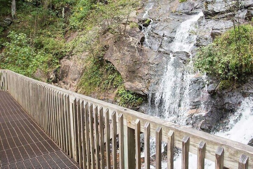 Un ponte di legno con pavimento a griglia metallica che conduce a una cascata rocciosa. 1