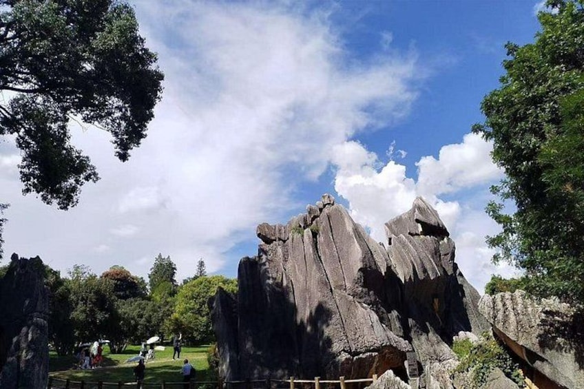 A large rock formation with a clear sky and trees in the background. 1