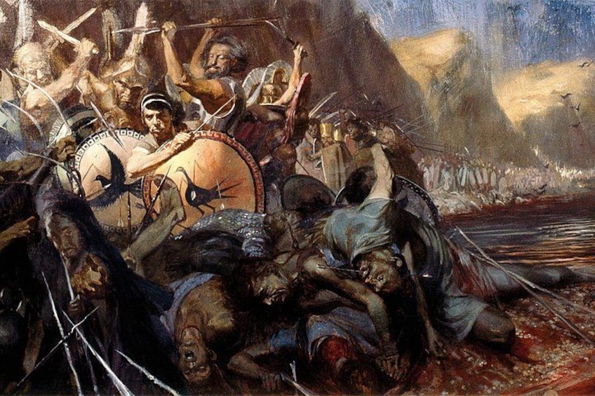 A chaotic battle scene with warriors, shields, and a large shield with inscriptions. 3