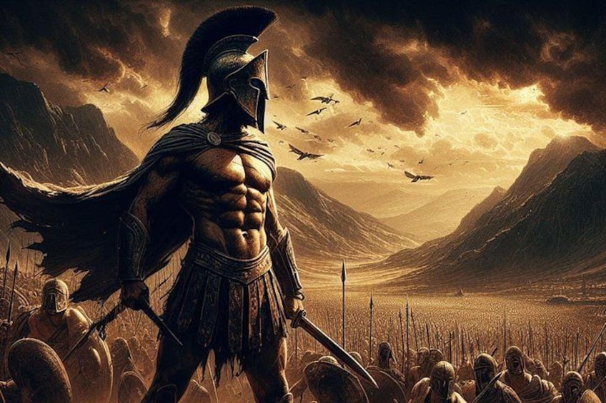 A muscular warrior in ancient armor standing on a battlefield with a mountainous backdrop and a flock of birds in the sky. 1