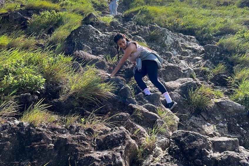A person climbing rocky terrain with sparse vegetation. 4