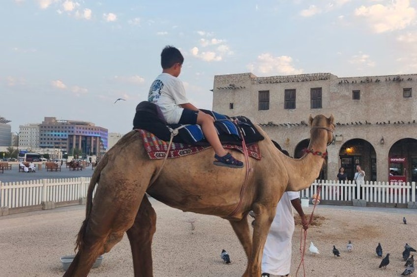 A camel with a rider in a public square with buildings in the background. 5