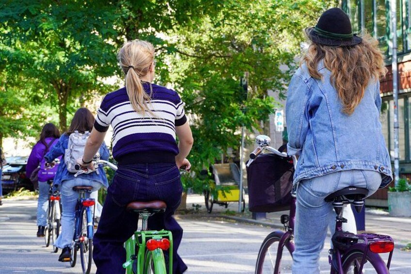 A group of people riding bicycles on a tree-lined street. 5
