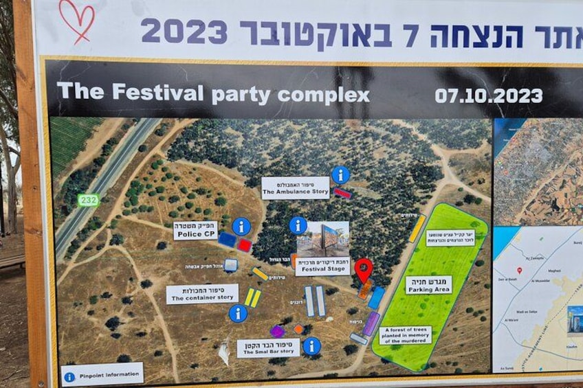 A map of a festival party complex with marked locations like The Ambiance Story, Police CP, and Festival Stage. 2