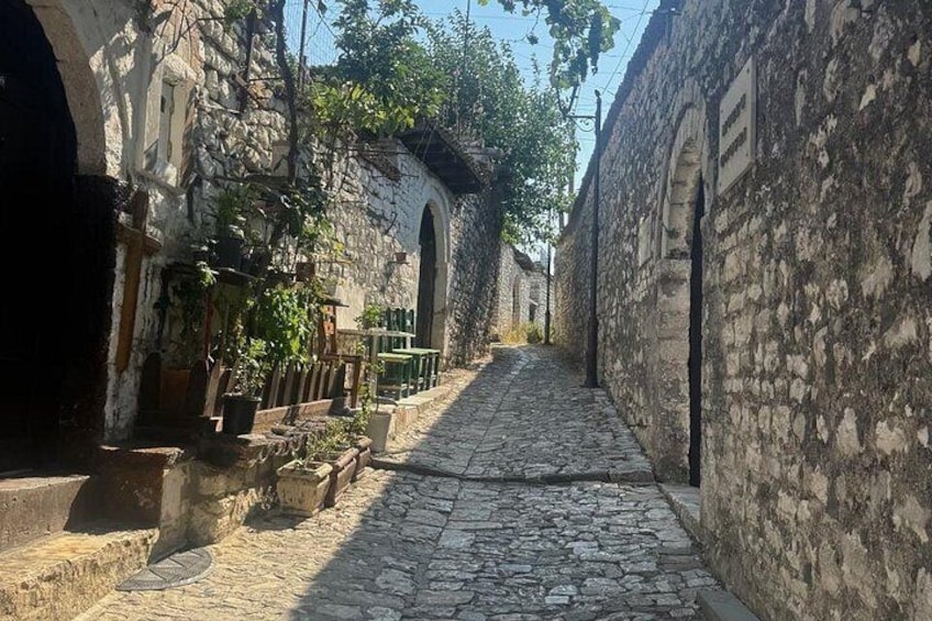 Una stretta strada acciottolata, con edifici in pietra e portali ad arco, ornata da piante in vaso. 2