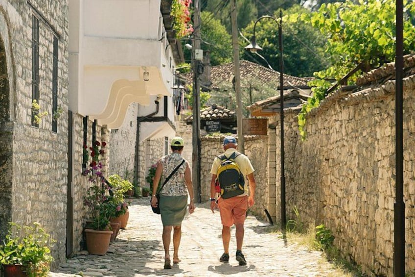 Una estrecha calle adoquinada flanqueada por edificios de piedra, plantas en macetas y un cielo despejado. 2
