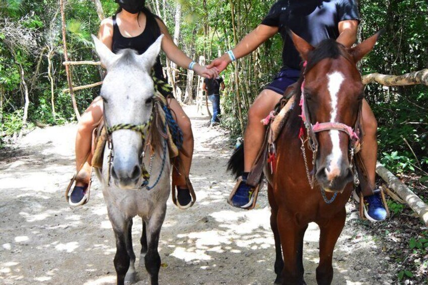 Two horses with riders on a dirt path surrounded by greenery. 3