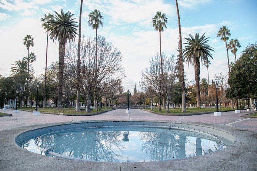 A park with a central circular pool, palm trees, and a clear sky. 2